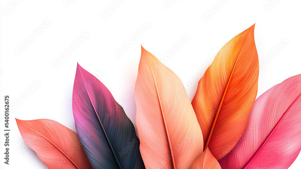Fototapeta premium Colorful leaves with intricate details are arranged against white background, showcasing vibrant gradient of pink, orange, and red hues. design is elegant and visually striking