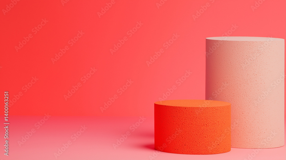 Two textured cylindrical shapes, one orange and one pink, stand against vibrant red background, creating minimalist and modern composition. scene exudes sense of balance and simplicity Two textured cylindrical shapes, one orange and one pink, stand against vibrant red background, creating minimalist and modern composition. scene exudes sense of balance and simplicity