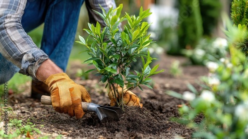 Fototapeta Naklejka Na Ścianę i Meble -  A gardener is focused on planting a young shrub in rich soil, wearing gloves and using a hand trowel. Surrounding greenery and blooming flowers enhance the serene atmosphere of the garden