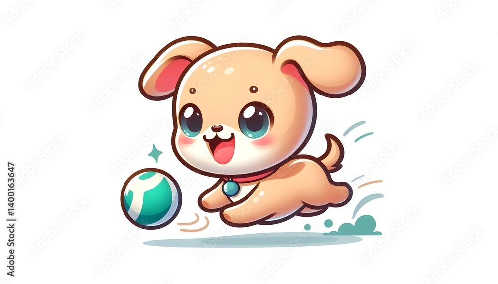 Obraz premium Cute Cartoon Baby Dog Chasing Ball - Vector Illustration 
