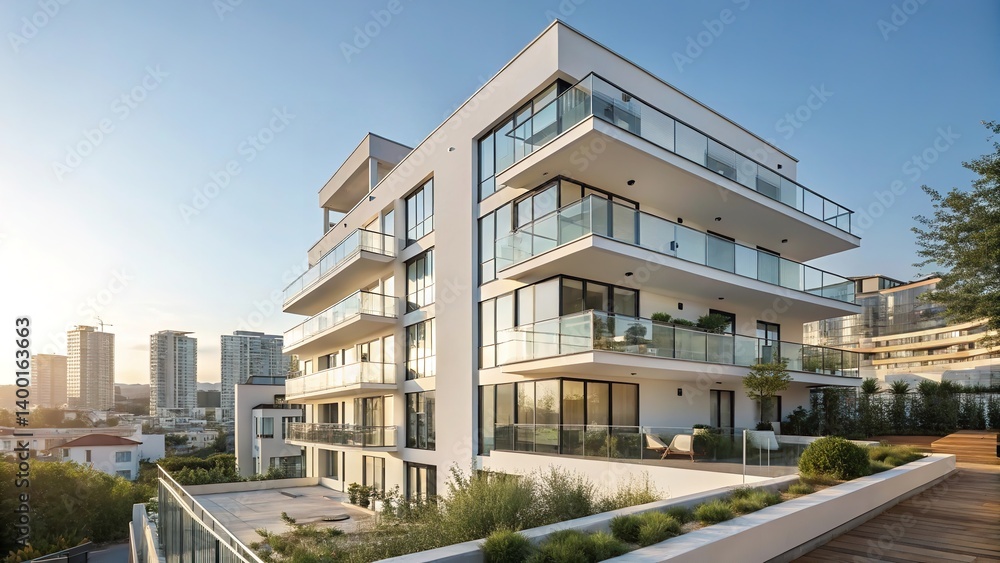 Modern White Apartment Building with Glass Balconies Modern White Apartment Building with Glass Balconies