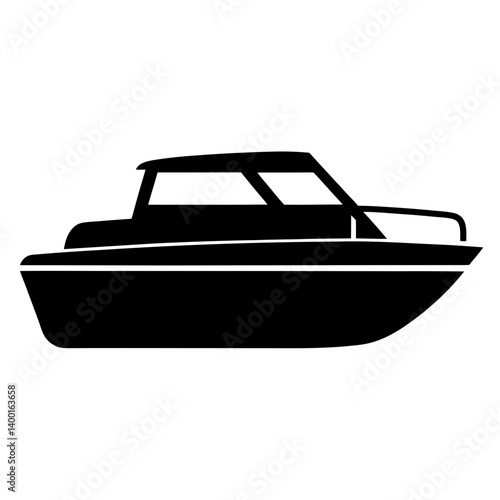 Sleek motorboat silhouette with covered cabin, promising adventure and ocean exploration