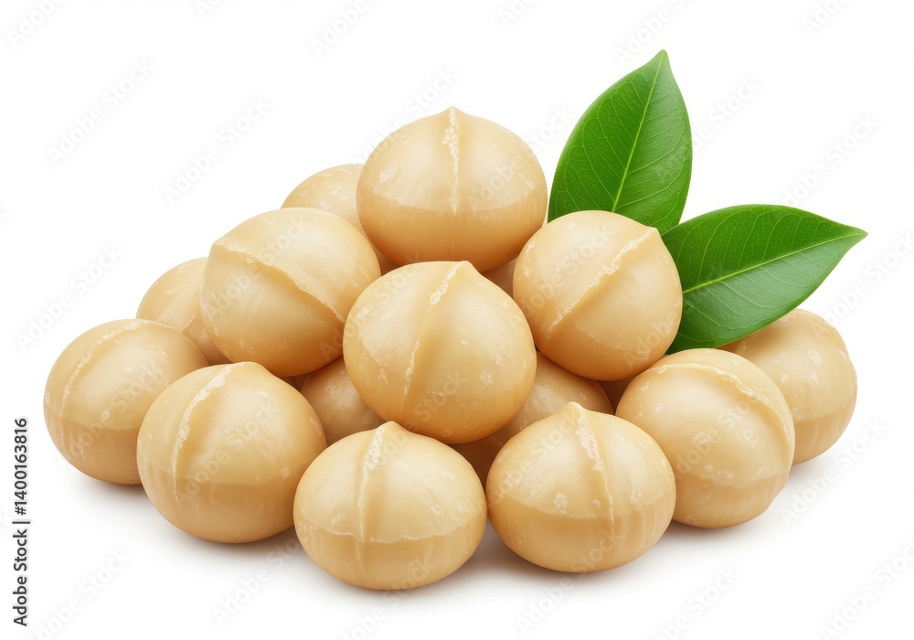 A heap of shelled macadamia nuts with green leaves on a white background in close up studio shot A heap of shelled macadamia nuts with green leaves on a white background in close up studio shot