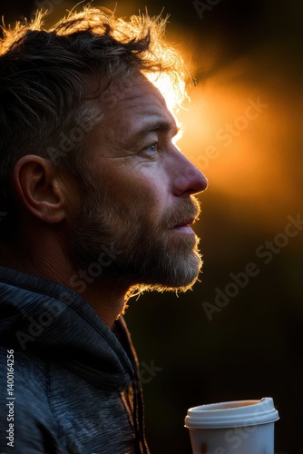 An artistically captured profile of a man in sunset light, showcasing deep thoughts while enjoying a warm drink.