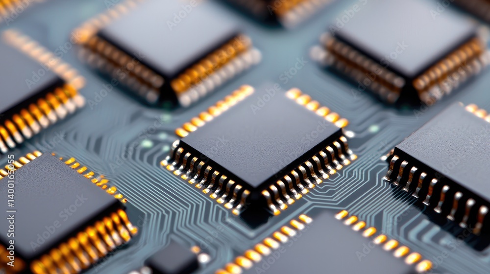 A close-up image of a circuit board featuring multiple microchips connected by intricate pathways, showcasing technology and electronics. A close-up image of a circuit board featuring multiple microchips connected by intricate pathways, showcasing technology and electronics.