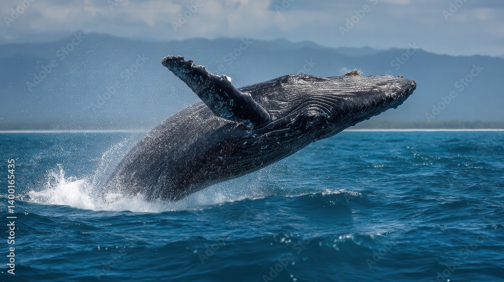 Obraz premium A humpback whale launches itself into the air, creating a splash as it breaches the surface of the water. The scene captures the beauty of marine life in a tropical setting under a clear sky