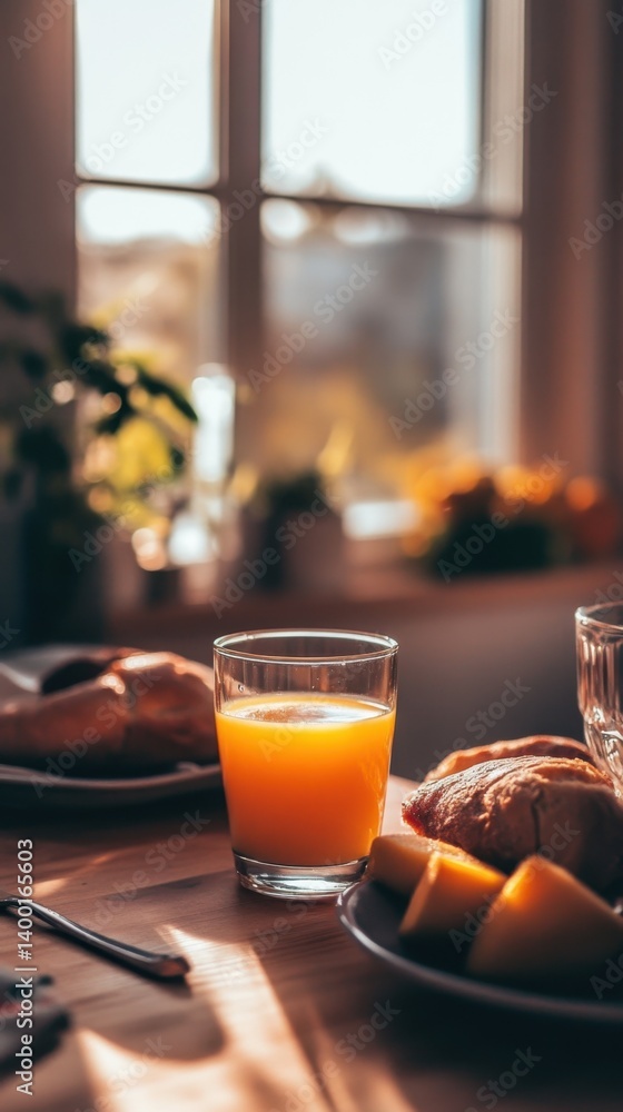 Morning Sunlight Illuminating a Glass of Fresh Orange Juice with Croissants on a Wooden Table Near Window Morning Sunlight Illuminating a Glass of Fresh Orange Juice with Croissants on a Wooden Table Near Window