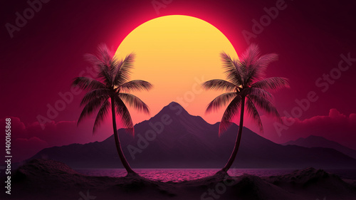 vibrant sunset scene with large sun setting behind mountain, framed by two palm trees, creates tropical and serene atmosphere. sky is filled with rich hues of pink and orange, reflecting on water