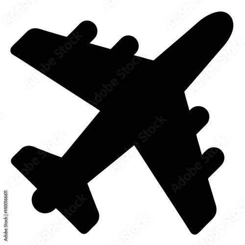 A simple black silhouette of a passenger airplane with several engines