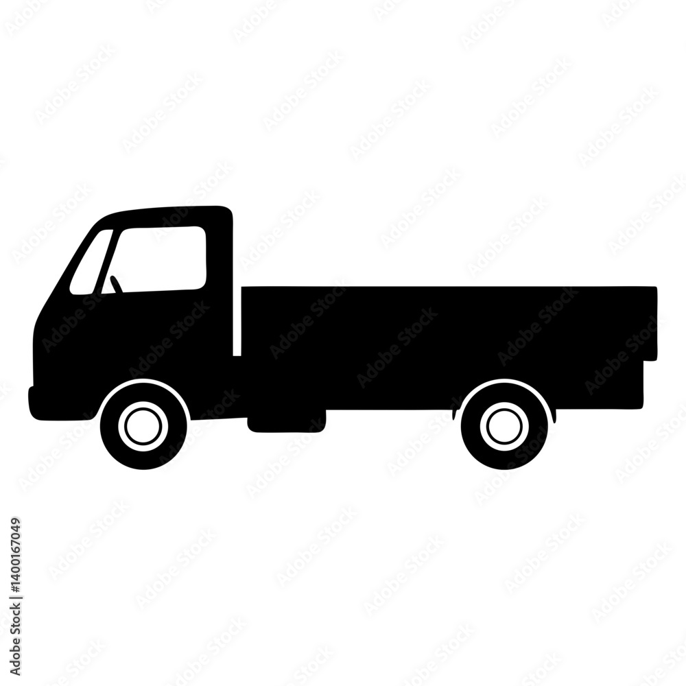 Simple silhouette of a small flatbed truck against a white background Simple silhouette of a small flatbed truck against a white background