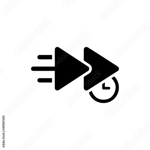 Fast Forward Symbol with Clock Overlay Icon - Black Filled