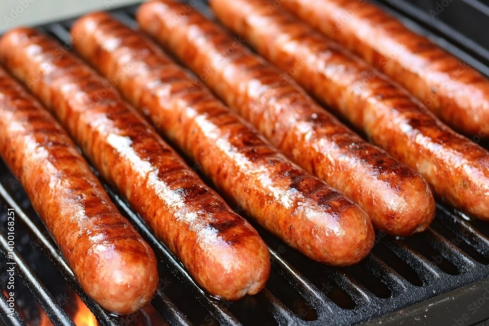 Mouthwatering grilled sausages cooking on a barbecue grill with flames in the background for summer picnic and delicious food Mouthwatering grilled sausages cooking on a barbecue grill with flames in the background for summer picnic and delicious food