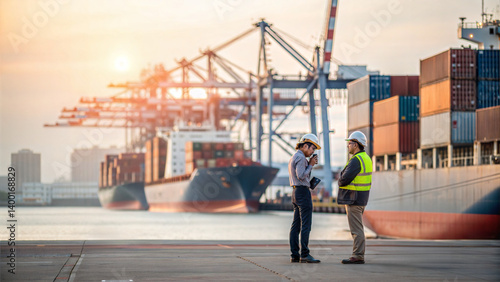 Workers discussing logistics at busy shipping port