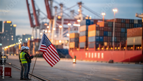 Workers holding American flag at shipping port at dusk