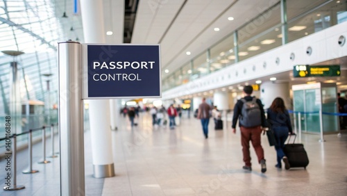 Passport control sign in modern airport terminal