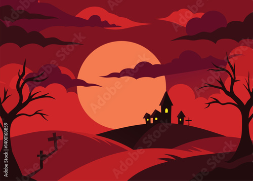 gloomy ominous halloween landscape crimson sunset