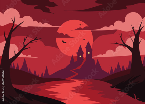 gloomy ominous halloween landscape crimson sunset