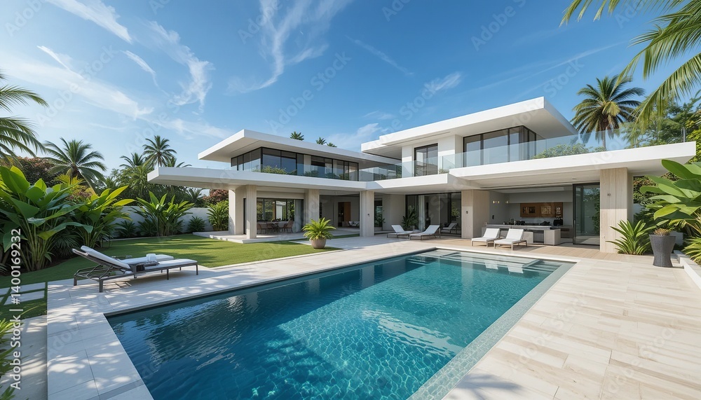 Fototapeta premium Luxury modern villa with a swimming pool. Clear skies, lush greenery, a perfect tropical escape. Relax and enjoy outdoor living.
