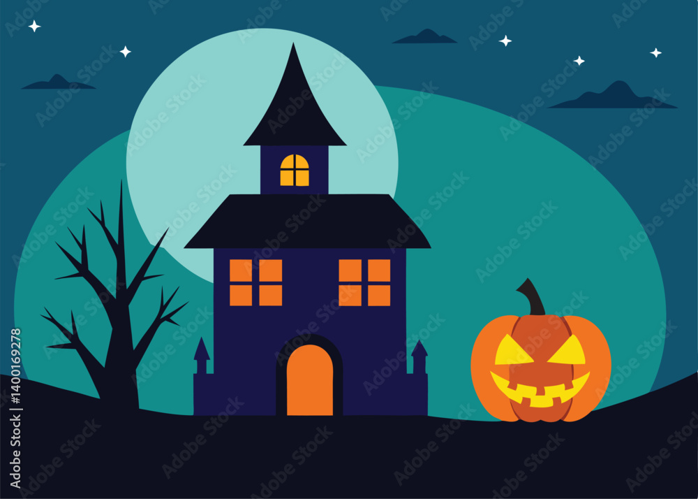 halloween background with pumpkin and house halloween background with pumpkin and house