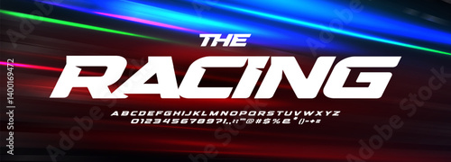 Modern Racing Font With Speed Lines Effect On Red, Blue, Neon Light Background. Bold Sport Alphabet For Car, Motorsport, Game Logo, Poster, Or Technology Design. Vector typeset