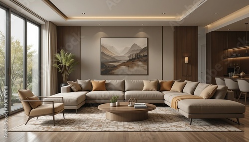 Elegant living room featuring a large sectional sofa, artwork, and natural light, creating a sophisticated and inviting space.