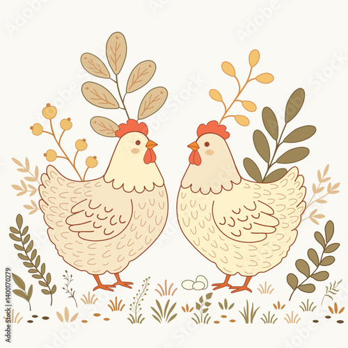 Illustration of two funny cartoon chickens on white background