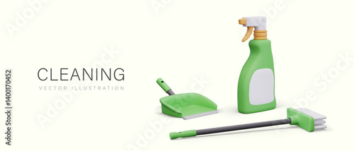Cleaning concept in 3D cartoon style. Mop, scoop, bottle with spray nozzle and empty label. Vector composition for advertising cleaning services, detergents and tools