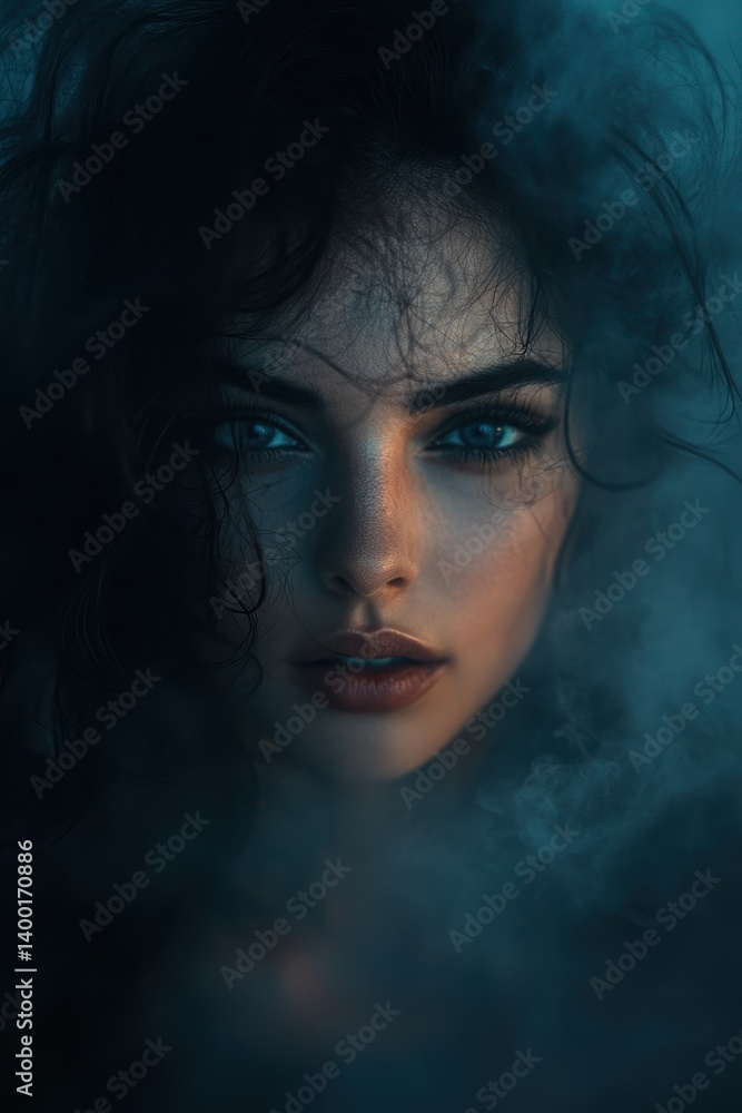 Ethereal Portrait of a Woman Surrounded by Mystical Fog with Striking Blue Eyes and Soft, Flowing Hair Ethereal Portrait of a Woman Surrounded by Mystical Fog with Striking Blue Eyes and Soft, Flowing Hair