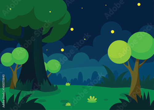 night forest background with green fireflies glowi