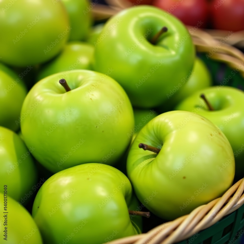 Close-up of shiny green apples in a basket at a market, green, local Close-up of shiny green apples in a basket at a market, green, local