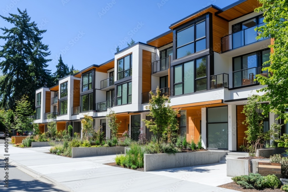 Modern townhouses in a sunny urban neighborhood. Rows of contemporary, stylish homes with patios, balconies, and landscaping. Ideal for comfortable and convenient living Modern townhouses in a sunny urban neighborhood. Rows of contemporary, stylish homes with patios, balconies, and landscaping. Ideal for comfortable and convenient living