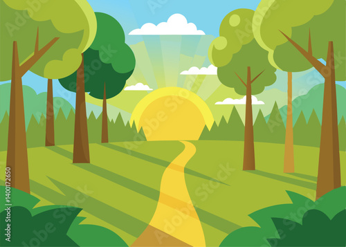 sunny morning in green forest cartoon landscape
