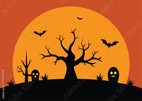 vector halloween landscape with silhouettes of sca