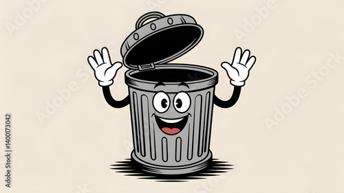 Cheery Trash Can Cartoon Illustration: A Delightful Waste Bin Character