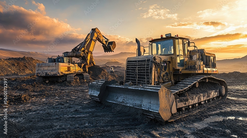 Bulldozer and excavator parked at a construction site with dirt mounds and concrete blocks Bulldozer and excavator parked at a construction site with dirt mounds and concrete blocks