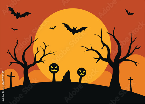 vector halloween landscape with silhouettes of sca
