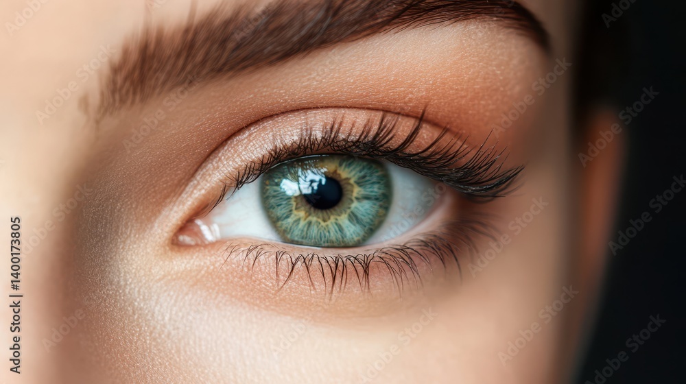 Close-up of a woman's eye showcasing a vibrant green iris. Close-up of a woman's eye showcasing a vibrant green iris.