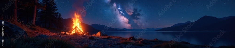 Naklejka premium Flickering campfire flames illuminate starry night sky , stars, campfire