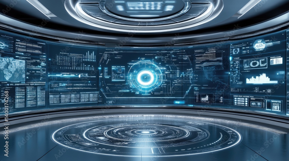 Clean industrial control room overseeing fully automated operations via digital dashboards Clean industrial control room overseeing fully automated operations via digital dashboards