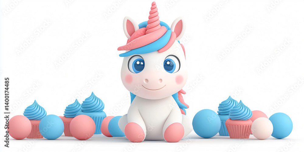Naklejka premium Adorable Unicorn with Pink and Blue Mane Surrounded by Spheres and Cupcakes Rendered in 3D Style