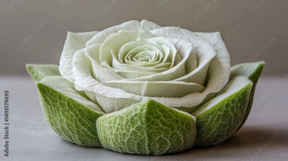 Fototapeta premium A white rose is sliced in half, revealing its delicate petals and inner structure.