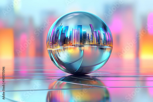 A chrome sphere reflecting a vibrant city skyline.