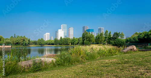 Obraz na płótnie Urban Oasis: Nature Meets Skyline w salonie