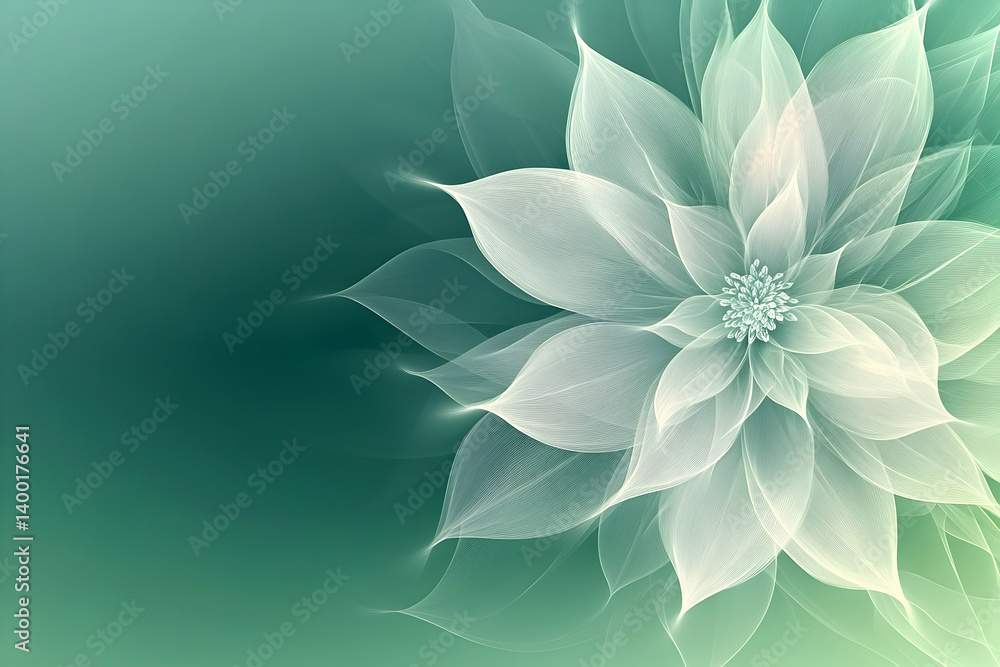 Delicate, translucent flower design in teal and cream tones. Delicate, translucent flower design in teal and cream tones.