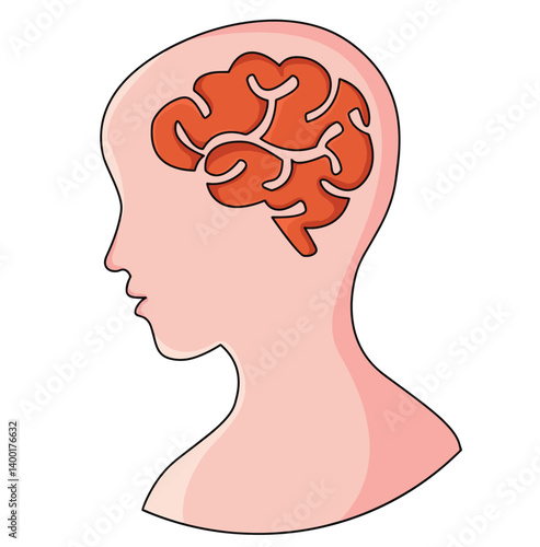 Science of hand drawn vector human head with brain illustration.
