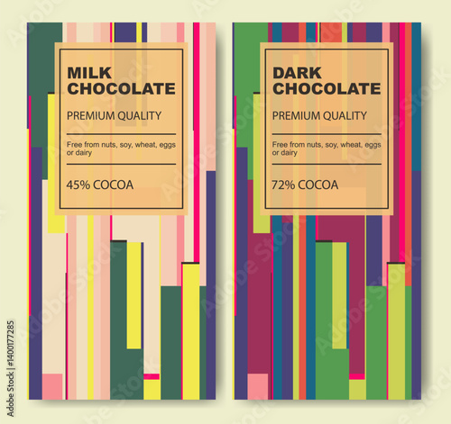 Packaging design of chocolate bars. The original finest chocolate abstract colorful package design label set