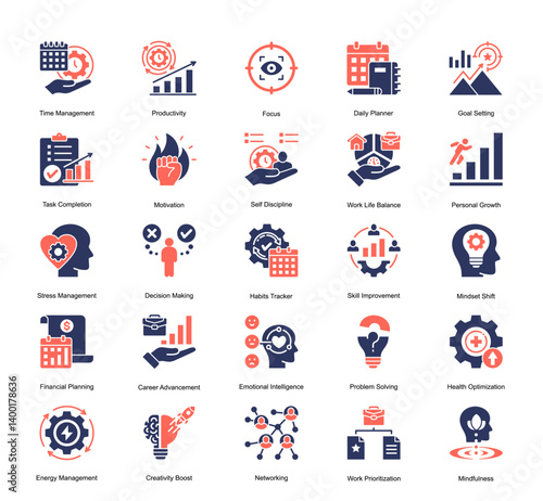 Clear and engaging icons designed for illustrating key areas in time management, personal growth, and professional progress.