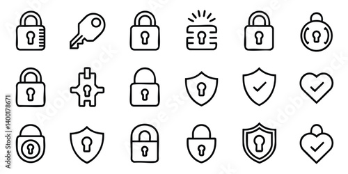 This collection features a set of minimalist black line art icons representing various security elements