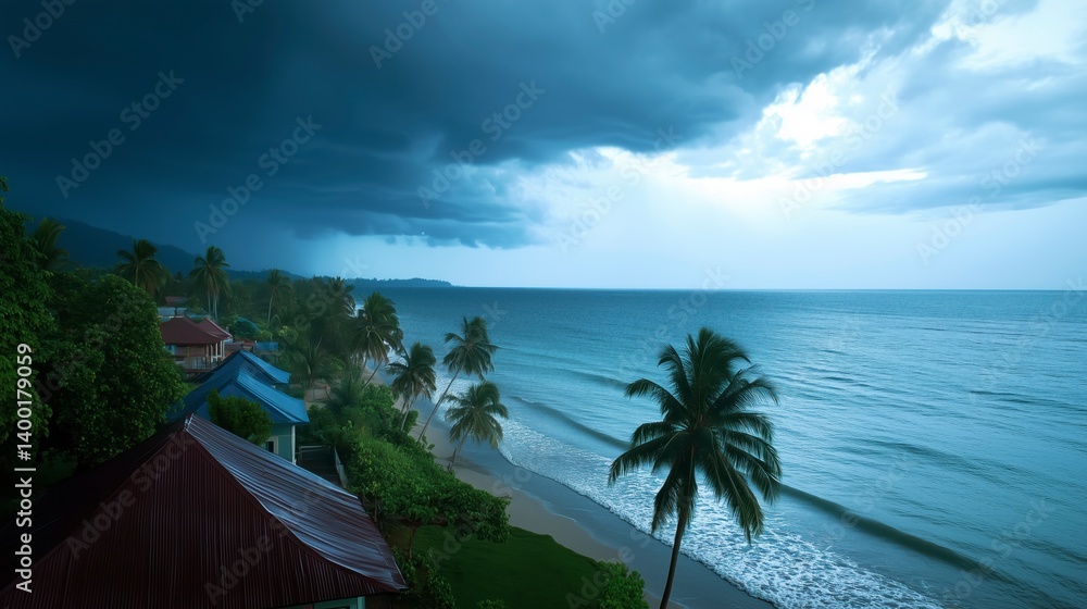 A beach with palm trees and a cloudy sky