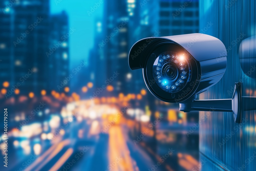 Surveillance camera installed outside building, with slightly blurred city street in background and space for text. The concept of security, control and surveillance in urban environment.